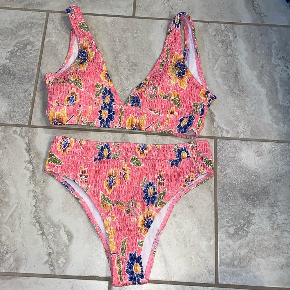 Floral Smocked High Waisted Bikini